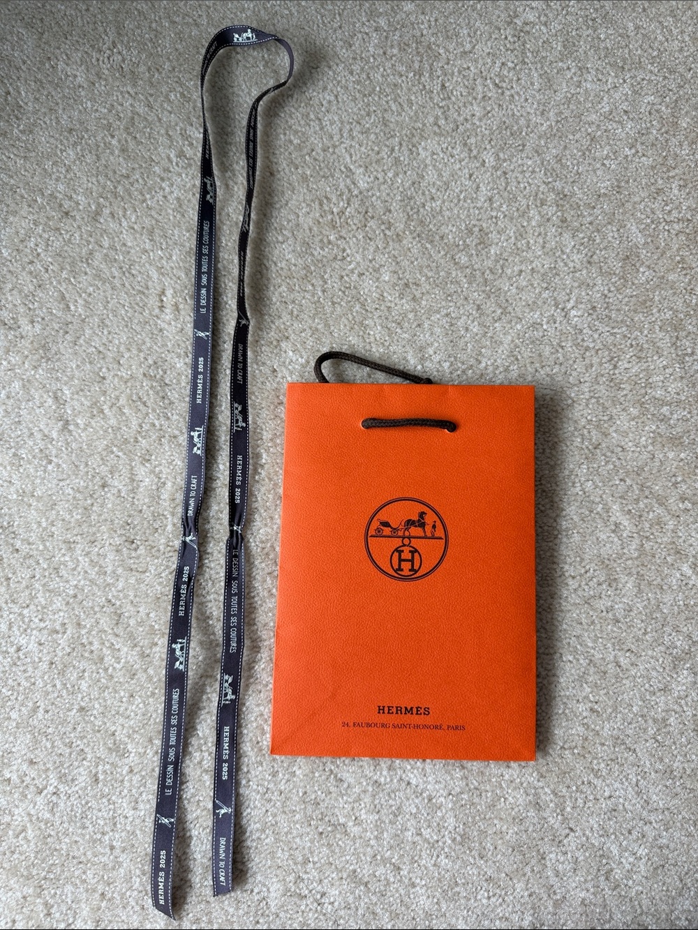 Hermes Orange Paper Gift Bag with Black Logo and Black Ribbon